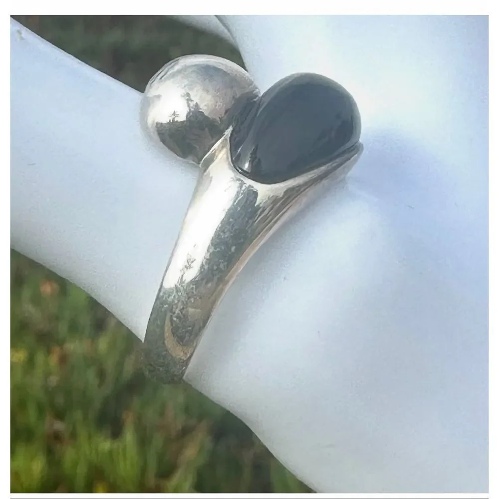 Sterling Silver Sculptural Ring with Black Cabochon
